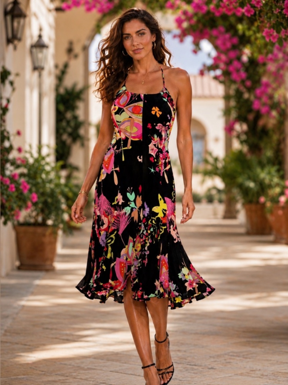 JULIEN MACDONALD of LONDON Floral Black Halter Dress